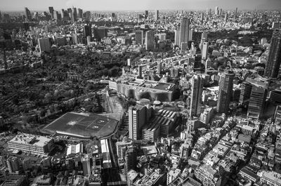 High angle view of modern buildings in city