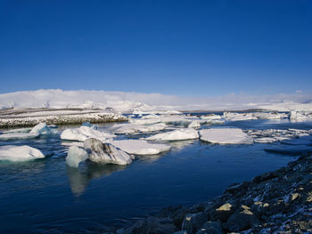 Scenic view of frozen lake against blue sky