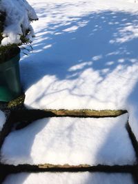 Close-up of snow on shore against sky
