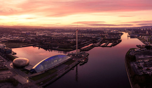 High angle view of city at riverbank