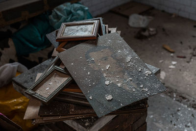 High angle view of abandoned metal on table