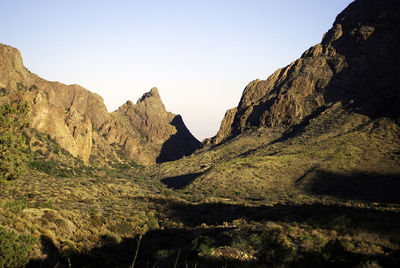 Panoramic view of mountains against clear sky