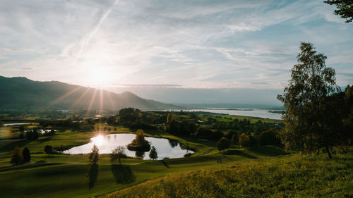 Sunset at a golf court in switzerland