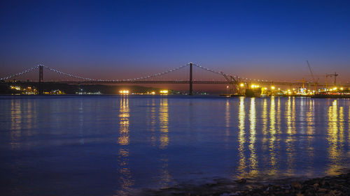 Illuminated suspension bridge over river at night