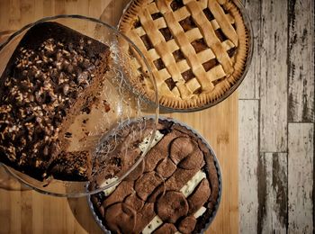 High angle view of chocolate cake on table