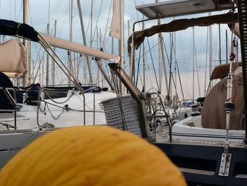 Sailboats moored on harbor against sky