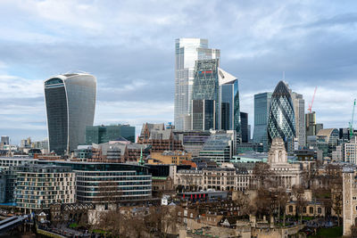 Aerial view on thames and london city, england, uk