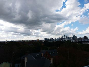 High angle view of buildings against sky