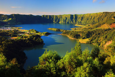 Scenic view of river amidst trees against sky