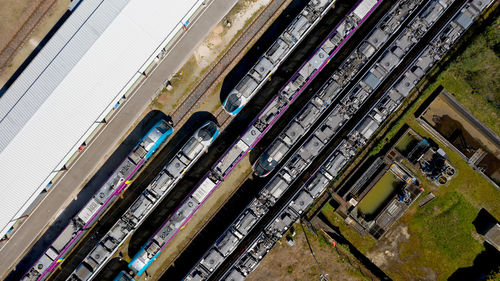 Aerial view of trains in city