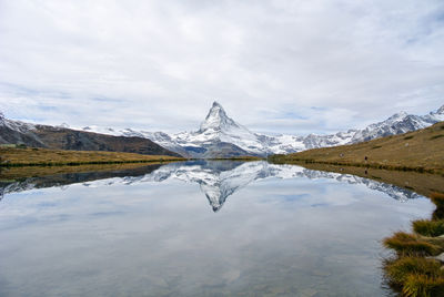 Scenic view of lake and snow covered mountains against sky