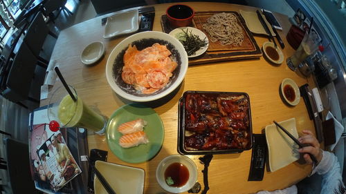 High angle view of breakfast served on table