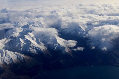 Aerial view of snowcapped landscape against sky