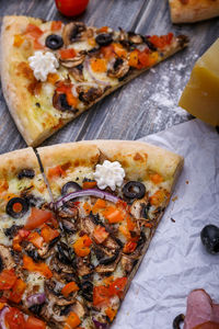 High angle view of pizza