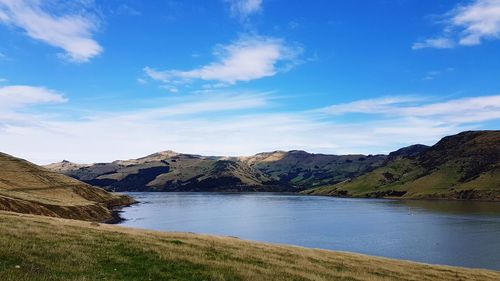 Scenic view of lake and mountains against sky