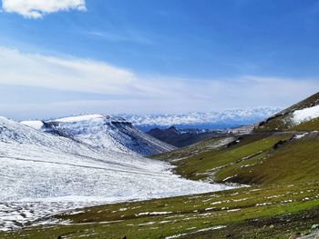 Scenic view of snowcapped mountains against sky