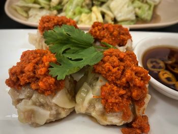 High angle view of serving food in plate