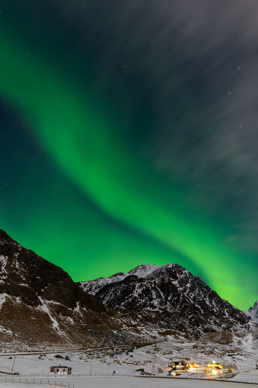 SCENIC VIEW OF SNOWCAPPED MOUNTAIN AGAINST SKY AT NIGHT DURING WINTER