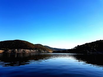 Scenic view of calm lake against clear blue sky