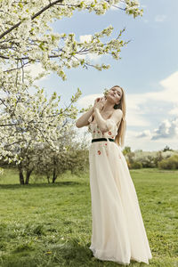 A young blonde in a long white dress poses near a cherry blossom in the garden, a spring landscape.