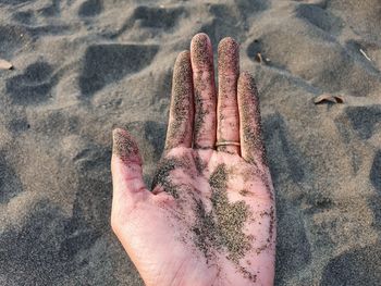 Cropped hand with sand at beach