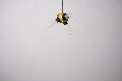 Low angle view of hanging light bulbs against white wall