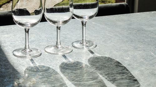 High angle view of wine glasses on table