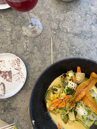 High angle view of meal served on table