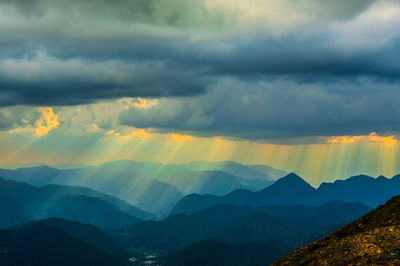 Scenic view of mountains against dramatic sky