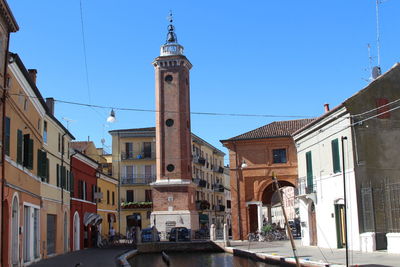 View of buildings against clear blue sky