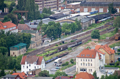 High angle view of houses in town