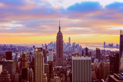 City skyline at sunset