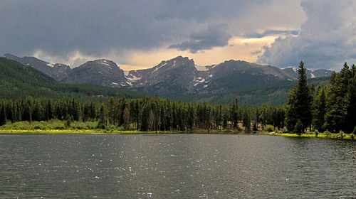 Scenic view of lake against cloudy sky