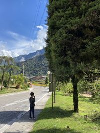 Rear view of man on road against sky