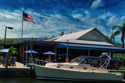 Boats moored at shore against sky