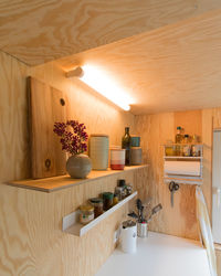 A friendly inviting kitchen in berlin summerhouse, lovingly furnished and finished with plywood