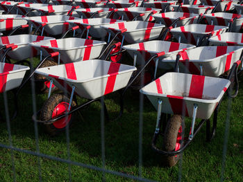 High angle view of flags on field