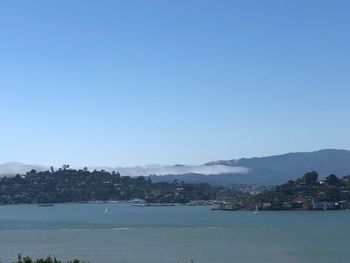 Scenic view of sea against clear blue sky