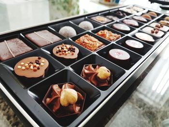 High angle view of sweet food in tray