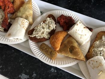 High angle view of breakfast served on table