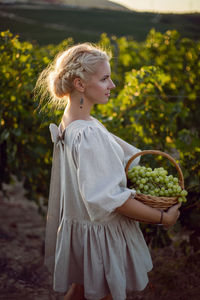 Woman with a wicker basket of green grapes stands in her vineyard at sunset