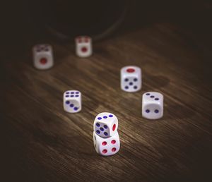 High angle view of dice on table