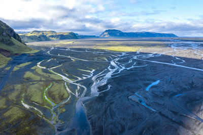 Aerial view of snow on landscape