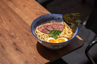 Close-up of soup in bowl on table