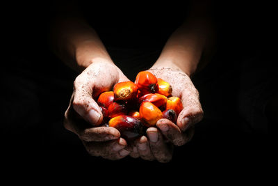 Cropped messy hands holding fruits in darkroom