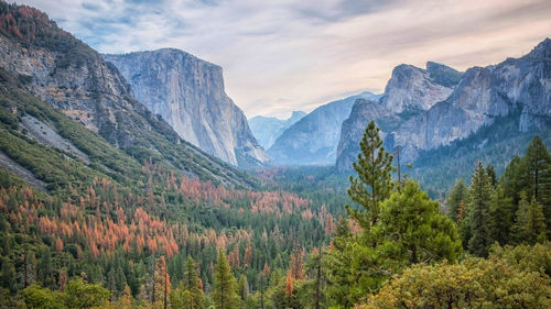 Countryside landscape against rocky mountains