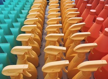 High angle view of chairs in row