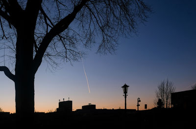 Low angle view of silhouette tree and buildings against sky