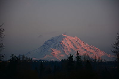 Scenic view of snowcapped mountains against sky at night