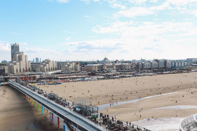 High angle view of scheveningen pier at beach in city